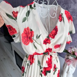 Rochie plisata cu trandafiri si cordon